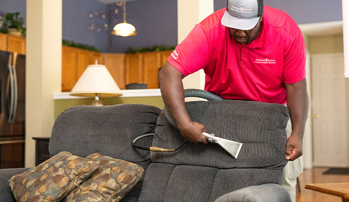 person cleaning upholstery fabric with steam cleaner